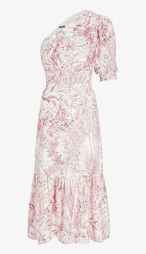 Printed One Shoulder Puff Sleeve Ruffle Hem Midi Dress thumbnail 1