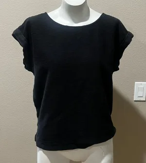 Loft black ribbed  button short sleeve knit blouse thumbnail 1