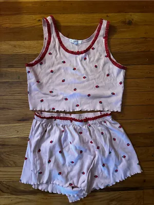 Love Peace & Lazy Days Strawberry Lace Trim Pajama Set Pink Coquette PJs Viral thumbnail 8