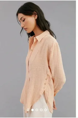 Anthropologie V-Neck Popover Cotton Long Sleeve Shirt in Orange Sz S thumbnail 3