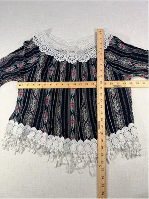 Julia Boho Geometric Striped Crochet Lace Fringe Bell Sleeve Top Black Large thumbnail 3