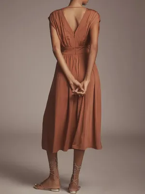 Anthropologie Sleeveless V Neck A Line Midi Boho Fall Cottagecore Dress Brown L thumbnail 9