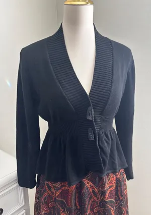 Grace‎ Karin Black Peplum Cardigan Ribbed Shawl Collar Toggle Button Sweater M thumbnail 1
