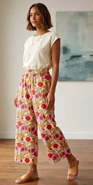 Rachel Zoe 100% Linen Flowy Baggy Wide Leg Floral Elastic Waist Pants Size M thumbnail 1
