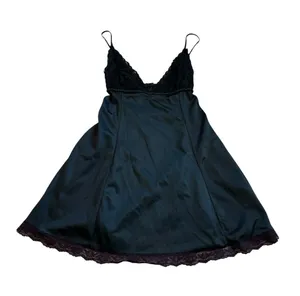 Vintage Silky Nylon Black Lingerie Slip Dress Lace Trim Empire Waist Dark Fairy thumbnail 1