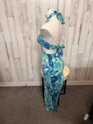 Haute Monde Cutout Maxi Dress Womens Small Blue Green Swirl O-Ring Halter Neck thumbnail 4