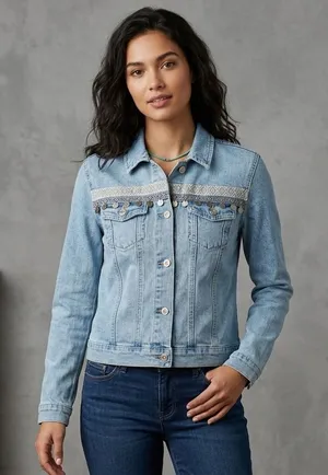 Boom Boom Jeans Womens Size Large Denim Jacket Blue Jean Boho Embroidered Fringe thumbnail 1