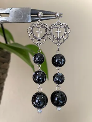 Handmade goth victorian grunge style cute heart cross & round beads unique dangle earrings✨ thumbnail 1