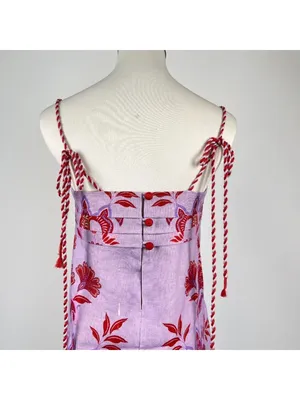 NWOT Linen Floral Tie Spaghetti Strap Pleated Layered Mini Dress Purple Size L thumbnail 6