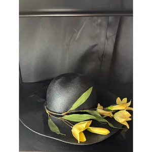 Vintage Betmar New York Black Wide Brim Sun Hat Yellow Floral Velvet Ribbon NWT thumbnail 4
