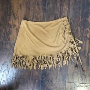 90s Vintage Y2K Faux Suede Brown Fringe Mini Tassel Bead Skirt Western Boho Hippie Gypsy Rave #Festival #Grunge #Hipster #Bohemian #1970s inspired Southwestern Navajo Rodeo Plur Coachella Sz M - measurements in pics thumbnail 4