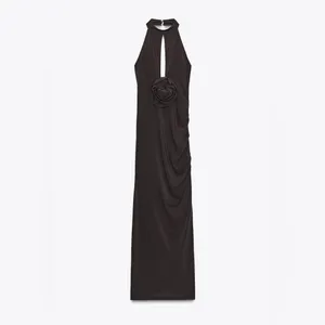 NWT Zara Halter Slit Long Dress With Flower Chocolate Brown Color Size S/XS thumbnail 6