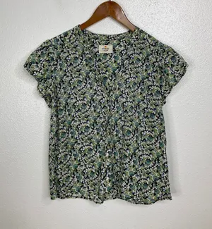 Marine Layer Floral V-Neck Short Sleeve Blouse Green Blue‎ Small 15387 thumbnail 1