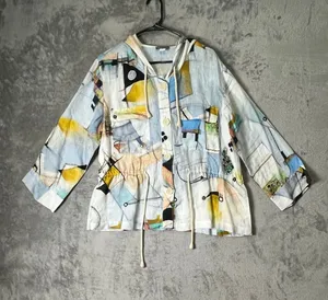 Dolcezza Simply Art Linen Blend Hooded Jacket Large Abstract Print Artsy Boho thumbnail 1