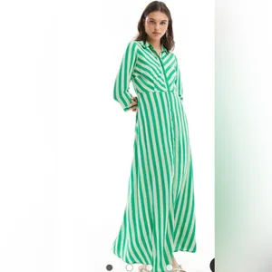 Women’s striped maxi shirt dress in green in size XS pit to pit 17” thumbnail 3