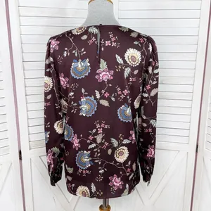 Vince Camuto Floral‎ Puff Sleeve Button Front Blouse Brown Pink Small Wildflower thumbnail 4