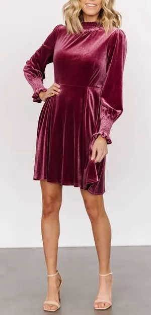 Baltic Born Velvet Smocked Neck Mini Dress Mulberry Long Sleeve Holiday Medium thumbnail 1