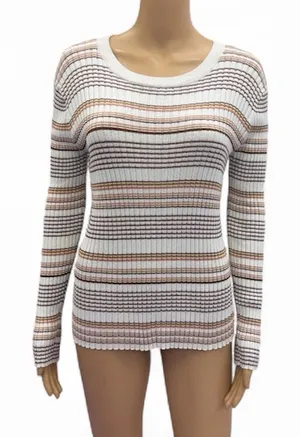 Nine West Striped Ribbed Long Sleeve Knit Top Ivory Brown Juniors XL thumbnail 1