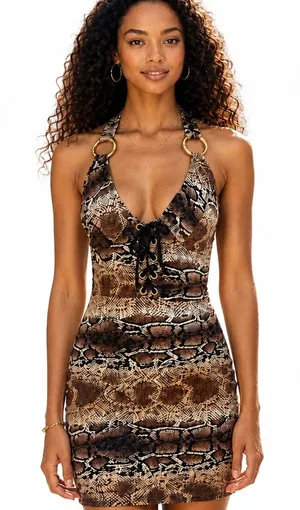 New Women's Switchblade Stiletto Snake-Print 🐍 Lace Up Halter Mini Dress Medium thumbnail 1