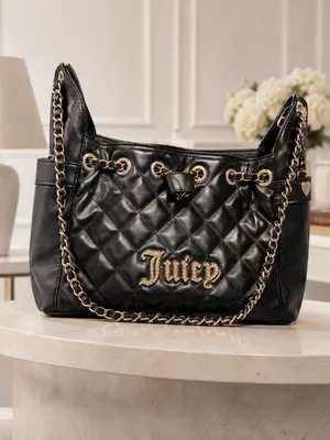 Juicy Couture Black Quilted Shoulder Tote Gold Chain Logo Purse NWT thumbnail 7