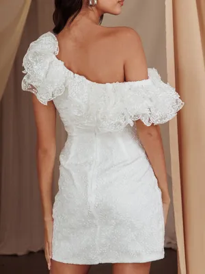 Selfie Leslie Hollyn One-Shoulder Ruffle Mini Dress White Medium NWT Bridal Rush thumbnail 2