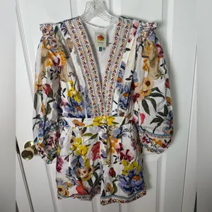 Farm Rio Greek Garden Long Sleeve Plunge Neck Cotton Romper XS thumbnail 2