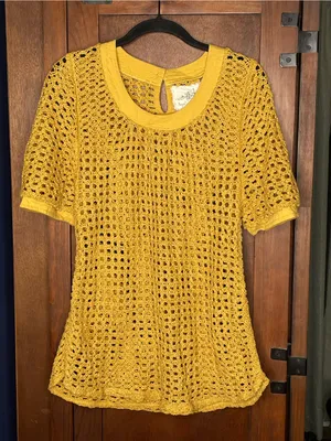 Anthropologie Angel of the North Metallic Crochet Knit Boho Sweater Top Yellow M thumbnail 2