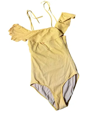 Albion Fit Womens Yellow Ribbed Ruffle Off The Shoulder One Piece Swimsuit‎ S thumbnail 1