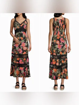 Angie Floral Lace Trim Tiered Midi Dress Size Small NWT Boho thumbnail 2