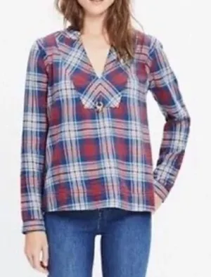 Madewell Red Blue Plaid V-Neck Popover Top Size Small Cottage‎ Cabin Fall thumbnail 1