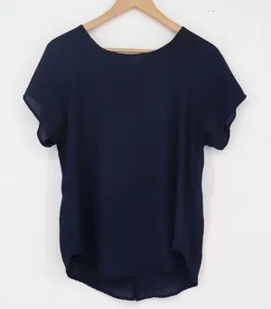 Lily White Blouse Womens L Short Sleeve Navy Blue Split Back Excellent thumbnail 1