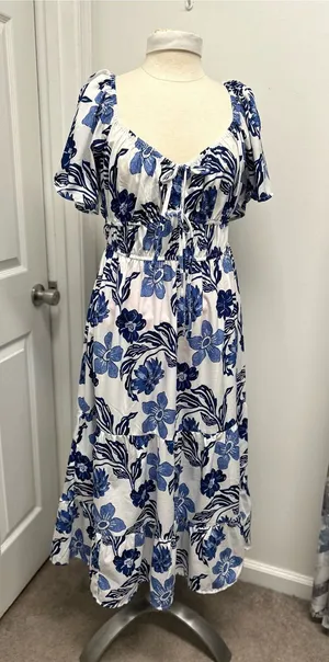Blush Floral Tie-Front Midi Dress in Blue and White thumbnail 1