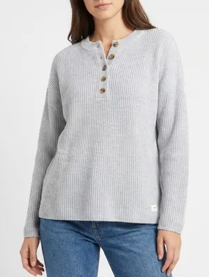 Aerie Sweater Womens Medium Gray Cotton Ribbed Henley Neck Chunky Knit Winter thumbnail 1