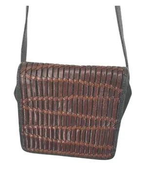 Vintage Paola del Lungo Italy Leather Woven Crossbody Bag Brown Black Purse‎ thumbnail 1