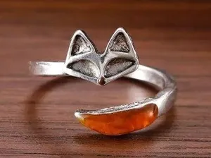 Fox ring with amber tail 5, 6, 7, 8, 9 adjustable size silver metal orange gift thumbnail 1