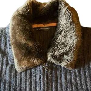 Roberto Collina Large Navy Rib Knit‎ Zip Up Sweater Removable Fur Collar Grandma thumbnail 3
