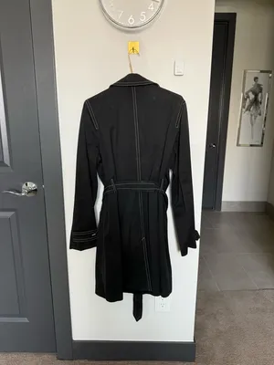 Vintage Banana Republic Black Cotton Trench Coat Contrast Stitch Belted L thumbnail 13