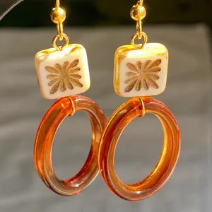 Handmade quality square Czech glass beads & oval hoops chic fairy boho vintage retro style dangle earrings🌿✨ thumbnail 5