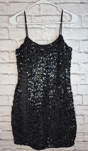 Vtg Hollywood Nites Sequin Dress Sz 8 Homecoming Black Cocktail Cami Mini 90s thumbnail 1