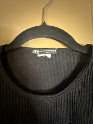 Zara Black Ribbed Crop Top with Rhinestone Fringe Hem Size L thumbnail 2