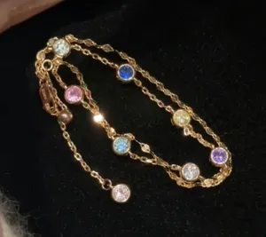 Rainbow Color Stone Double Chain Bracelet in Solid Copper Gold thumbnail 1