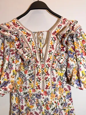 Farm Rio Greek Garden Floral Linen Blend Ruffle Tie Back Mini Dress Size M thumbnail 4