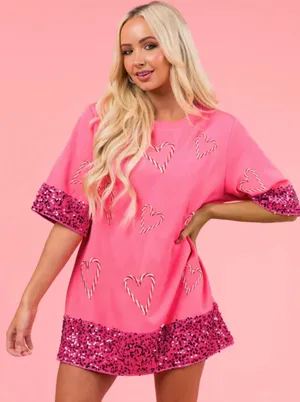 Hot Pink Candy Cane Half Sleeve Sequin Dress thumbnail 1