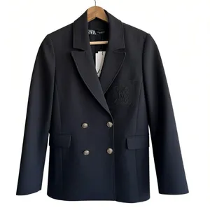 NWT Zara Blazer Black Sz M Military Double Breast Fitted Logo Embroidery thumbnail 1