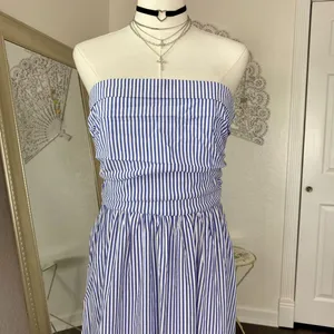 Source Unknown New Casual Blue White Striped Strapless Bandeau Midi Dress L thumbnail 2