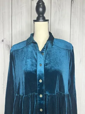 Umgee Teal Velvet Button Up Shirt Sz M Babydoll Western Yoke Long Sleeve thumbnail 2