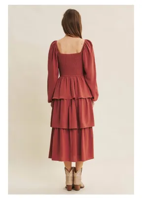 in february Mauve Rust Square Neck Smocked Tiered Ruffle Midi Dress M NWT thumbnail 8