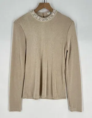 Endless Rose Metallic Gold Stretch Jersey‎ Liquid Knit Embellished Neck Top M thumbnail 1