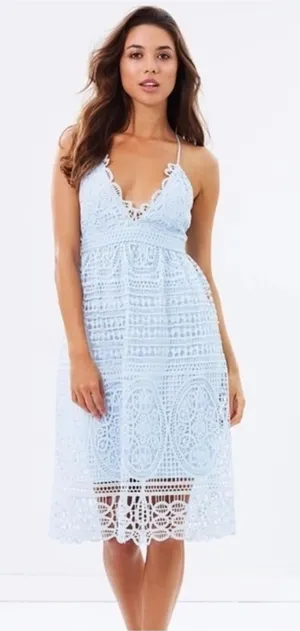 Bardot Versailles Lace Midi Dress Light Blue Crochet Open Back Size 8 thumbnail 1
