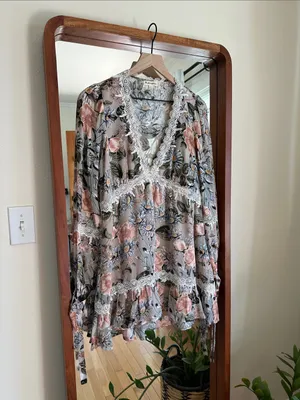 For Love & Lemons Floral Lace-Trim Long Sleeve Dress Pink Grey Sage S thumbnail 2